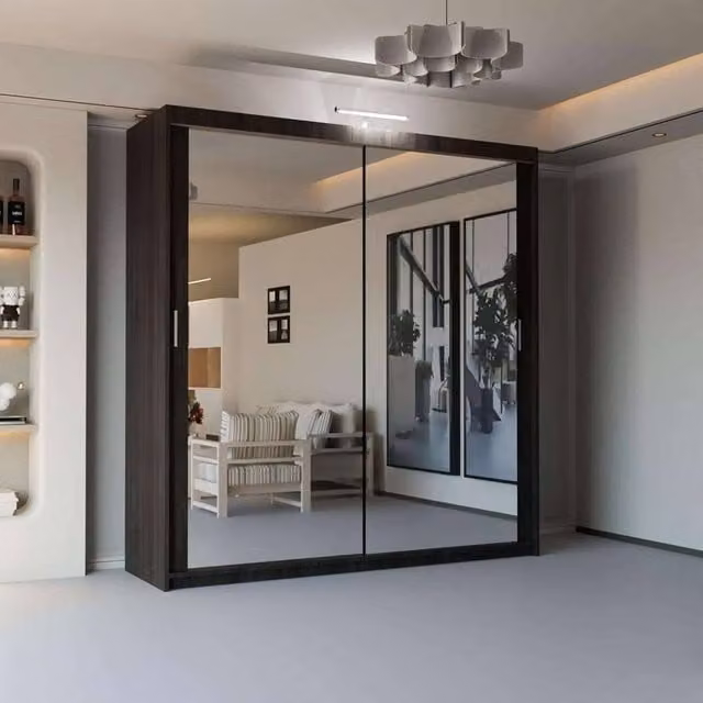 Sliding Wardrobes 4U Modern Mirror Sliding Wardrobe with Integrated LED Light, Dark Brown, W: 180 cm, H: 217 cm – 1