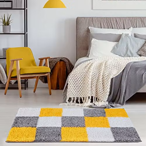 THE RUGS Modern Checked Shaggy Area Rug in Yellow and Grey, W/D/H: 110 x 60 x 3 cm – 3