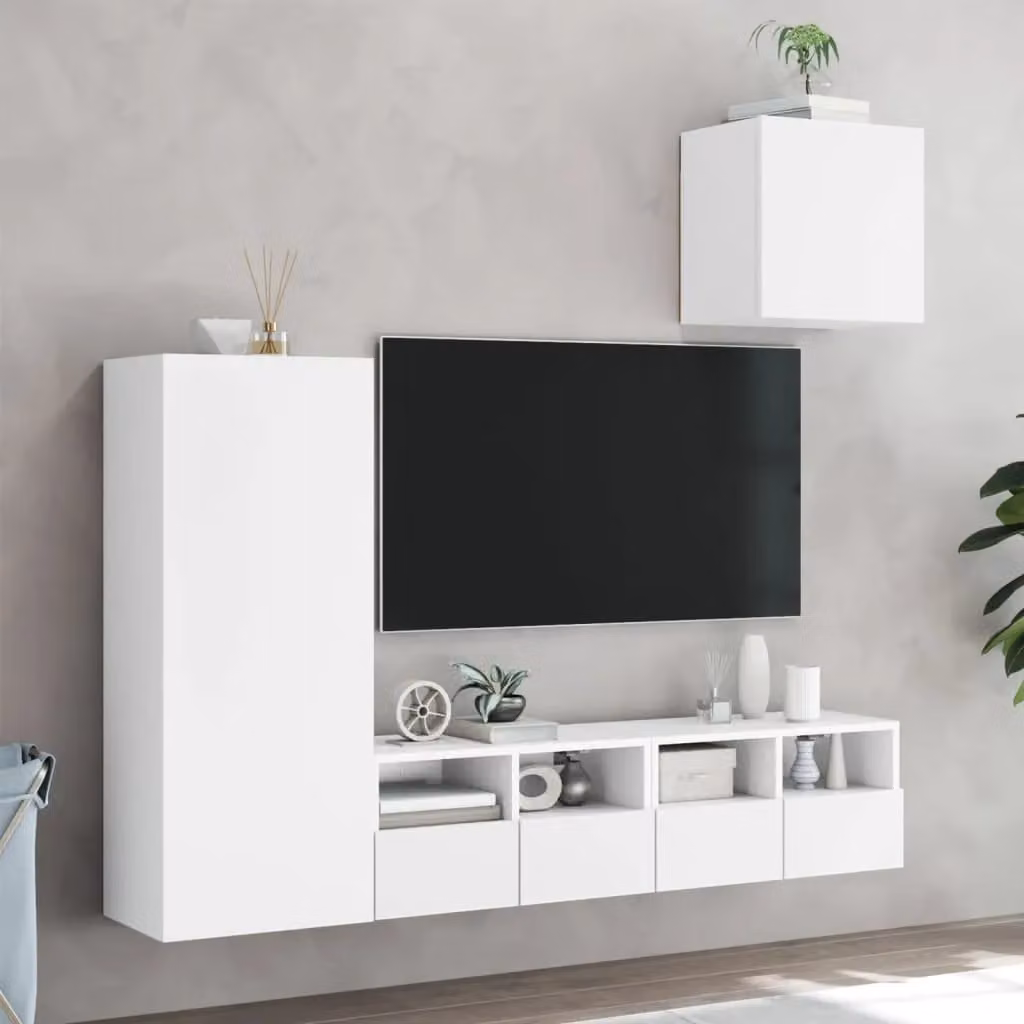 Berkfield Home 4 Piece Modern White Matt Wall Mounted TV Unit Set with Media Compartments and Internal Shelves – 2