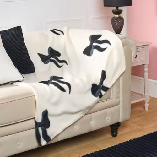 OHS Bow Print Fleece Throw Blanket, Black and White, W/D/H: 120 x 150 cm – 1