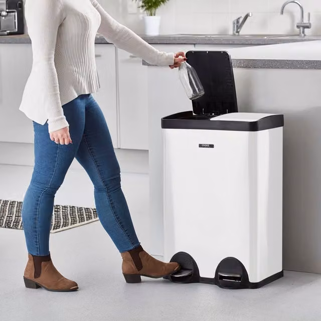 Cooks Professional Dual Pedal Bin 60L with 2 x Removable Compartments and Soft Close Lids, White – 1