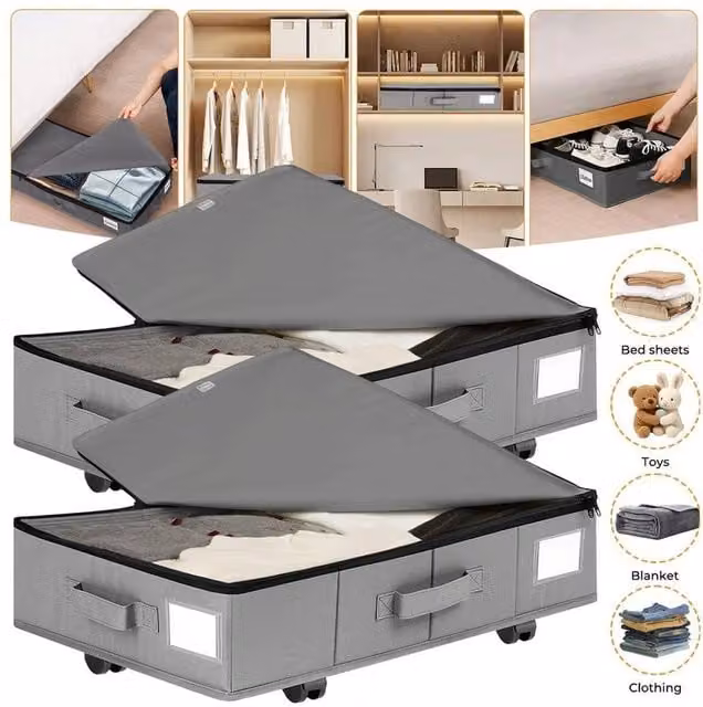 EONLION Foldable Rolling Fabric Storage Box with Dustproof Lid, Grey – 1