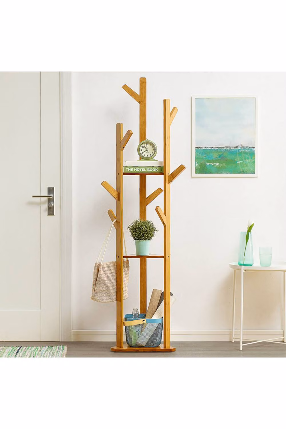 Living and Home Wooden Coat Rack Stand with 8 Hooks and 3-Tier Storage Shelf in Brown – 2