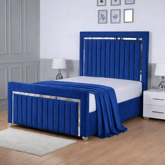 Living Comfort Bedz Blue Velvet Upholstered Slatted Base Bed, W/D/H: 140 x 200 cm