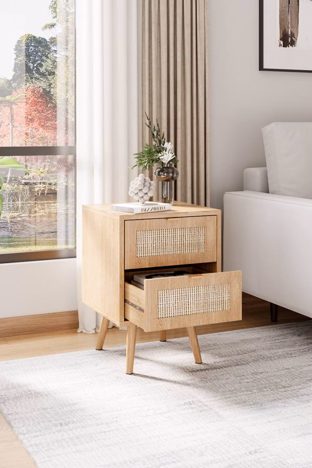 H&O Direct Set of 2 Natural Pine Wood and Rattan Bedside Cabinets in Beige – 3