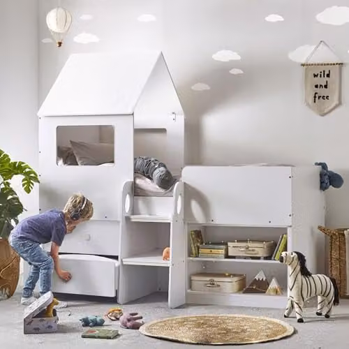Julian Bowen Orpheus Midsleeper Bed in White with Stairs and Drawers, H: 196.5 cm x W: 120 cm x D: 185 cm