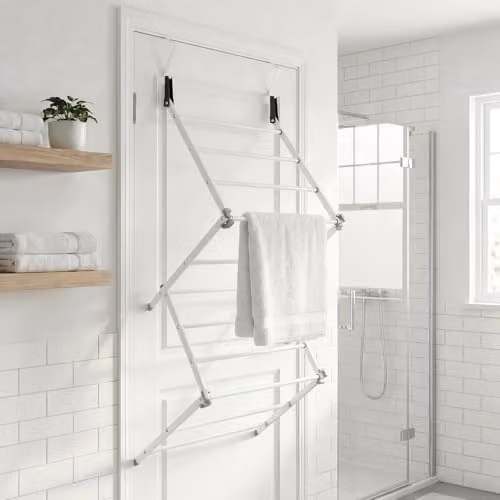 OHS White Over Door Foldable Clothes Airer with Hooks, W/D/H: 125 x 50 x 28 cm