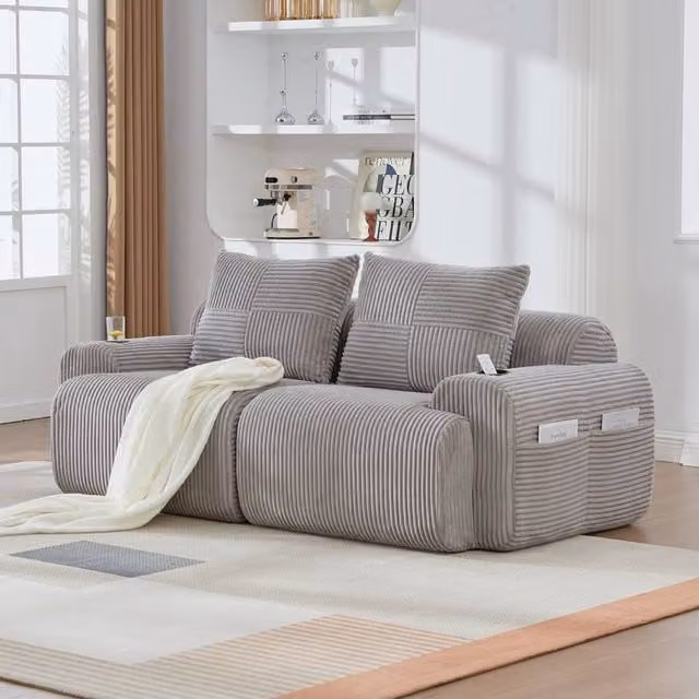 Matteo Light Grey Modular 2-Seater Corduroy Sofa with Cup Holders