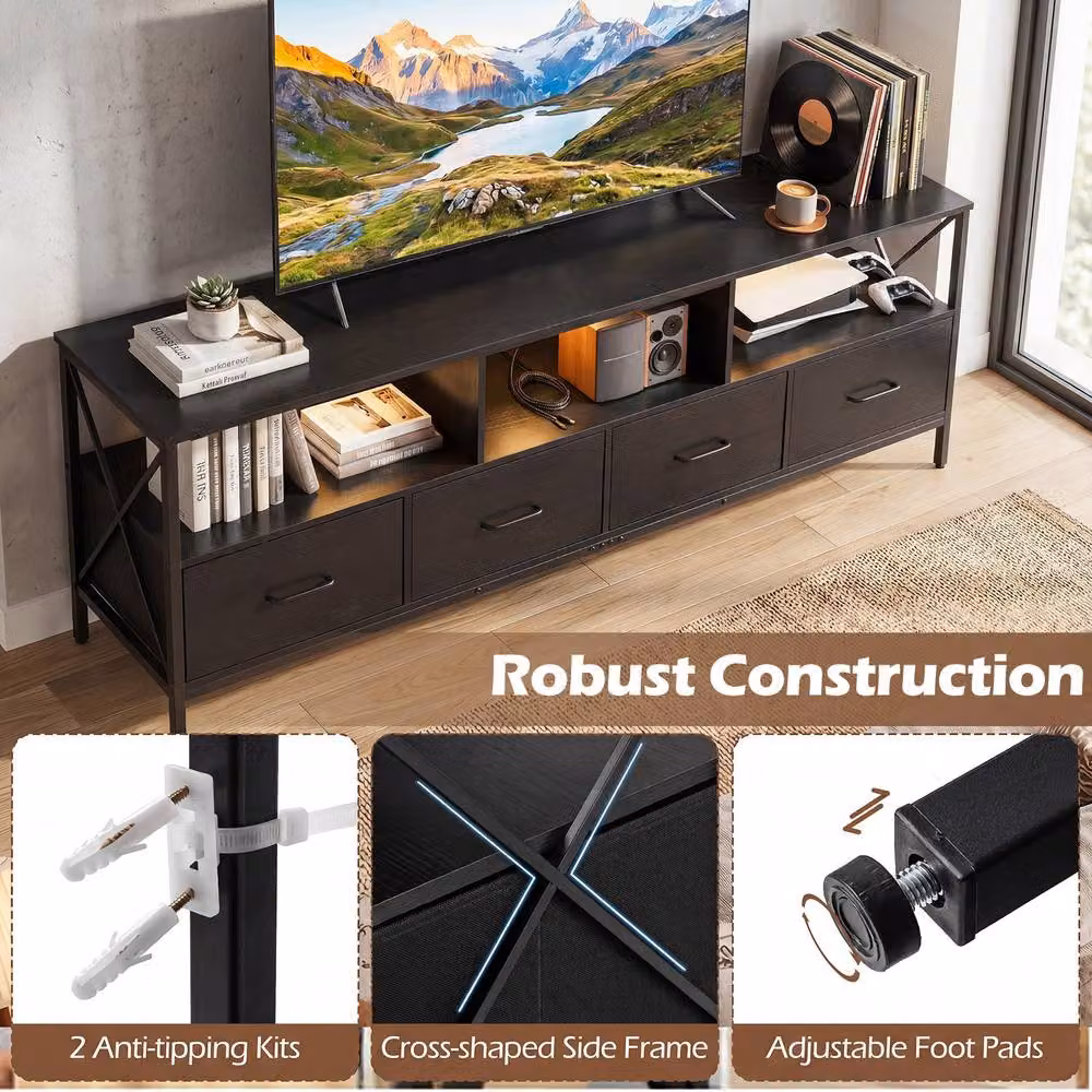 Gymax LED Entertainment Center for TVs up to 80 inch, Extra Long Industrial TV Unit with 4 Drawers, Black – 6