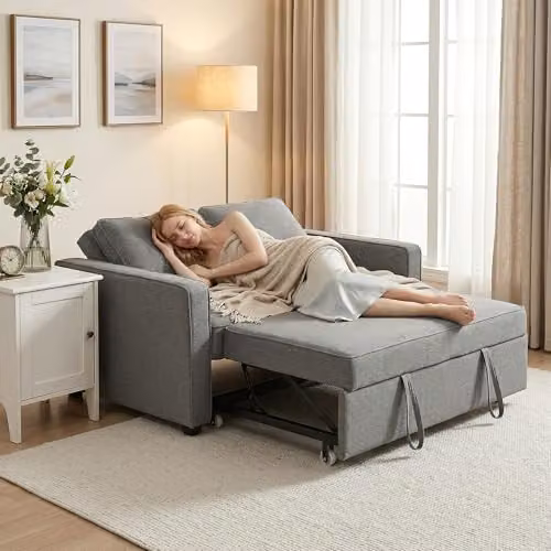 HOMCOM 2 Seater Click Clack Sofa Bed in Grey with 2 Pillows, Fabric Upholstered Convertible Sleeper with Solid Wood Frame, W/D/H: 148 x 86 x 91.5 cm – 6