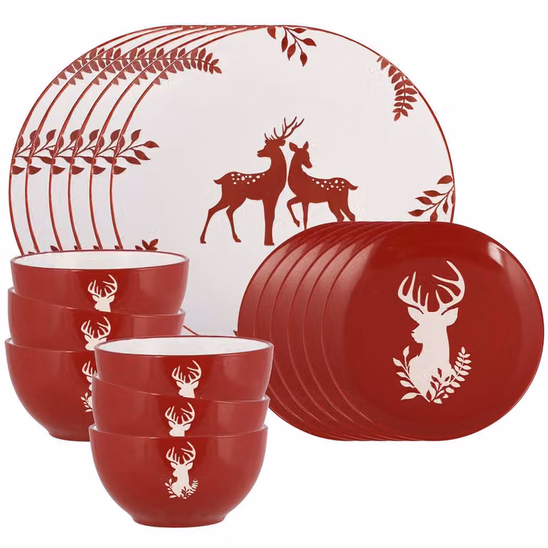 Dibor 18 Piece Reindeer Christmas Dinner Set in Red and White Ceramic Crockery for 6 People