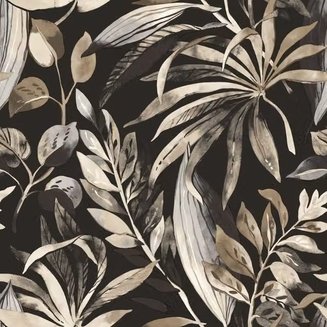 Inky Palm Botanical Jungle Textured Wallpaper in Black and Beige