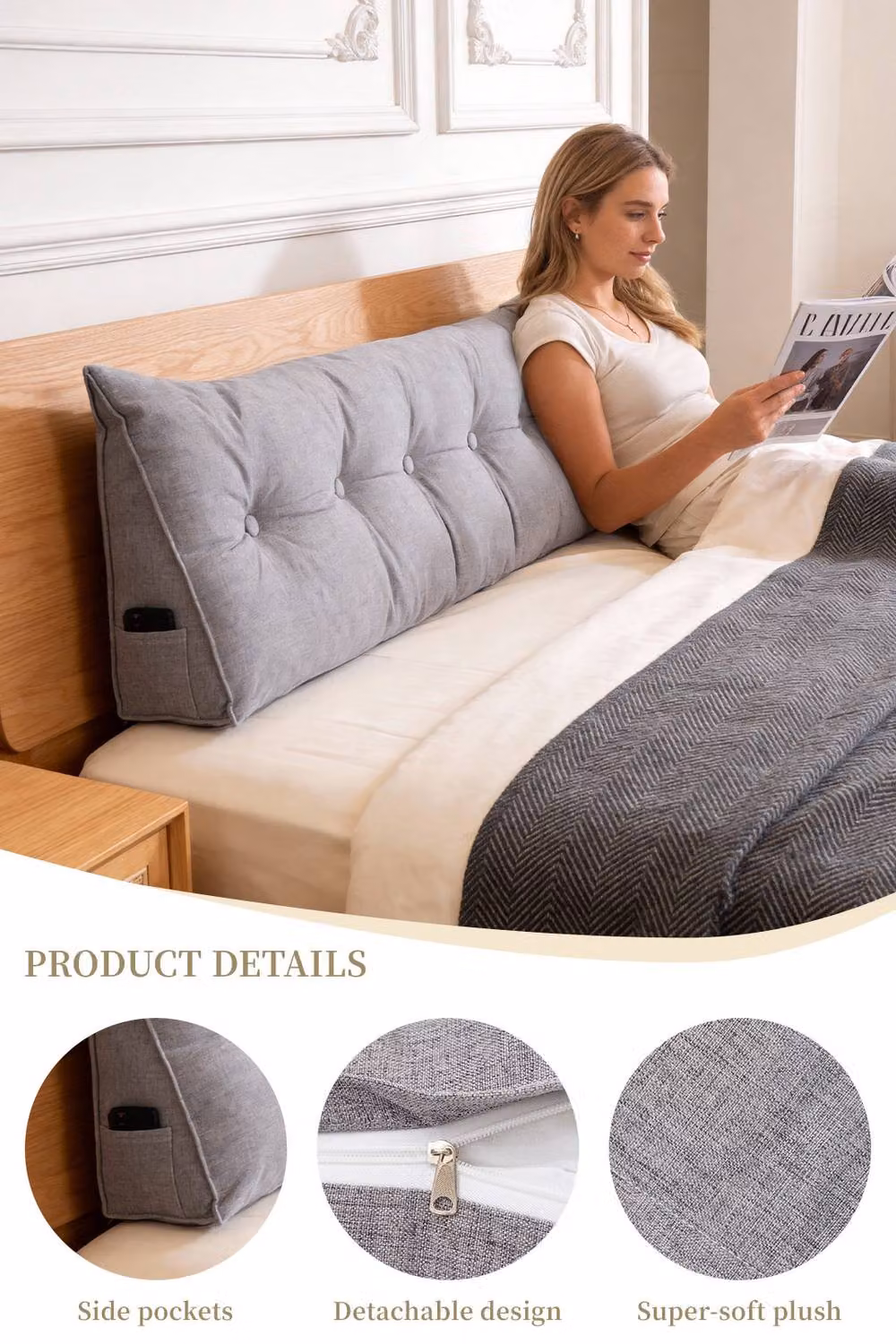 Living and Home Multifunctional Wedge Headboard Pillow with Side Pocket in Grey, Large – 2
