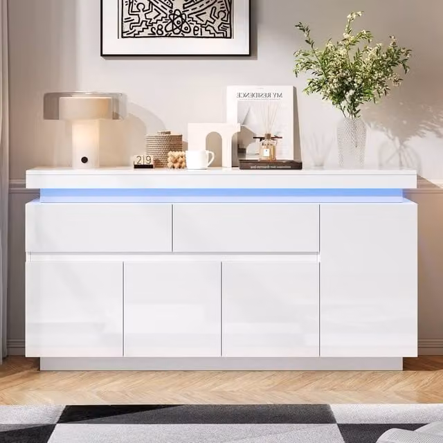 Rolipo White High Gloss Modern Sideboard with Integrated LED Lights, 4 Doors and 2 Drawers, W: 140 cm, H: 72.5 cm, D: 40 cm – 1