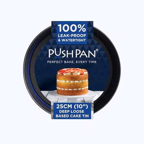 PushPan Non-Stick Round Cake Tin with Patented Silicone Seal, Blue and Grey, Diameter: 25 cm, Height: 6.4 cm