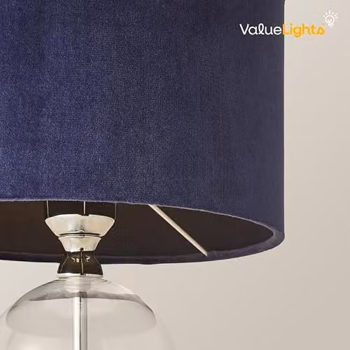 ValueLights Glass and Chrome Metal Table Lamp with Grey Fabric Lampshade and Warm White LED Bulb – 4