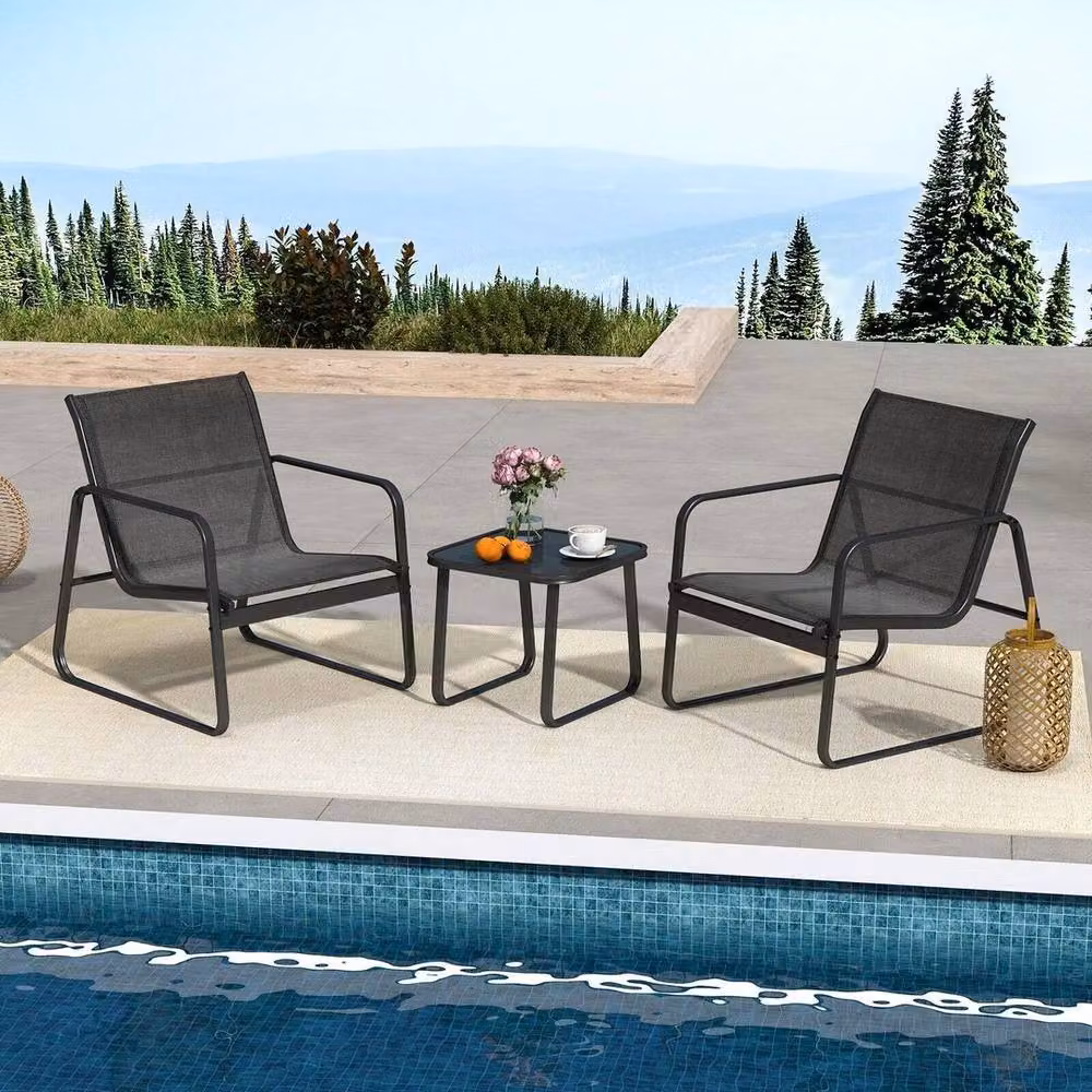 EONLION 3 Piece Black Metal and Glass Outdoor Patio Conversation Set – 7