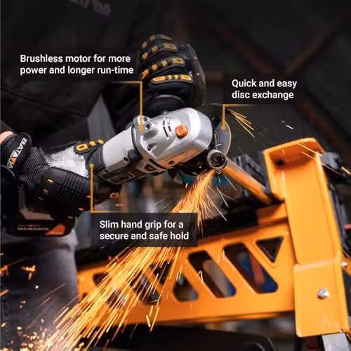Batavia Maxxpack 18V Cordless Brushless Angle Grinder 115mm, Grey and Orange – 4
