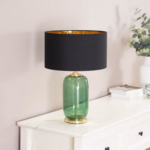 ValueLights Forest Green Glass Table Lamp with Gold Detail and Black Fabric Shade, Includes LED Bulb – 2