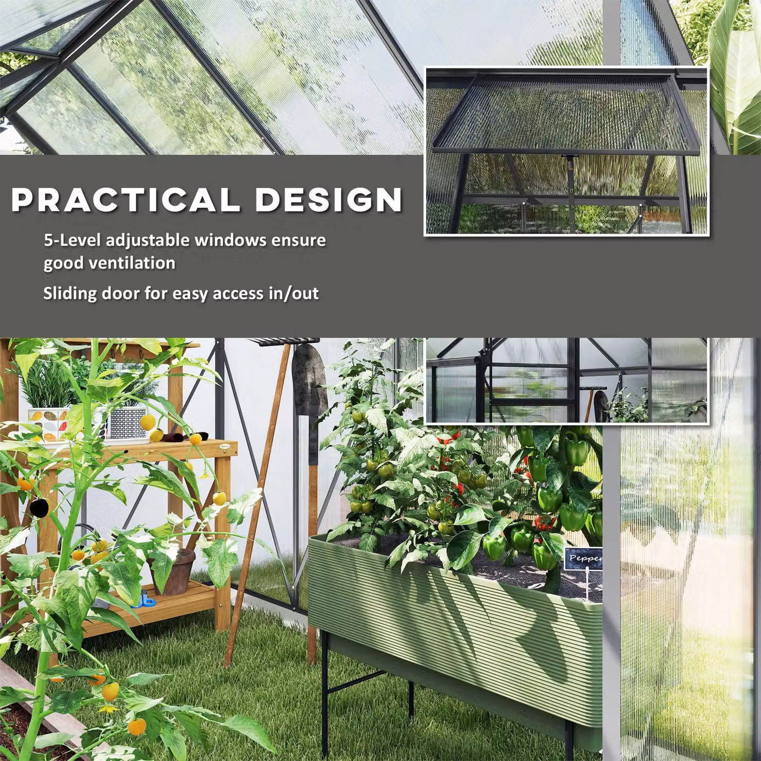 OUTSUNNY Polycarbonate Walk-in Garden Greenhouse with Sliding Door and Windows, Dark Grey, W/D/H: 190 x 199 x 190 cm – 4