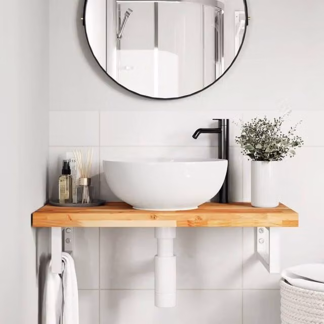 Berkfield Home Elegant Wall Mounted Basin Shelf in Brown Acacia Wood and Steel, W/D/H: 100 x 40 x 19 cm – 1
