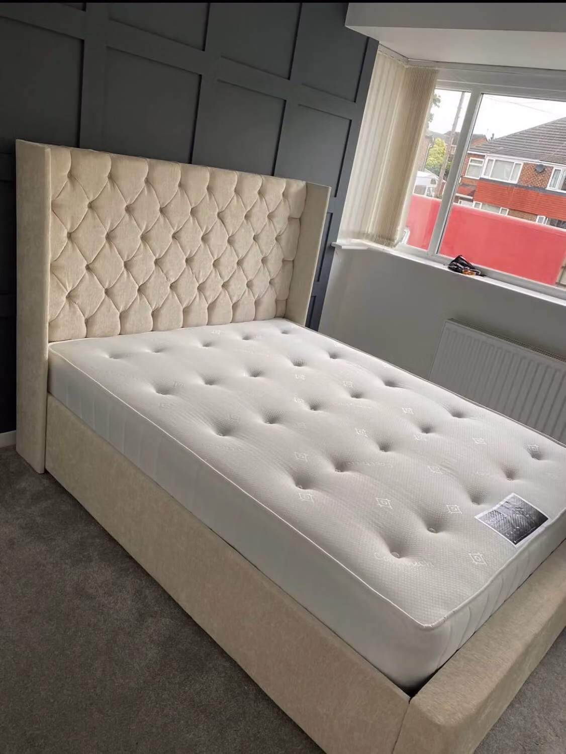 BEDS NK LTD Harper Modern Upholstered Wing Bed in Beige Fabric