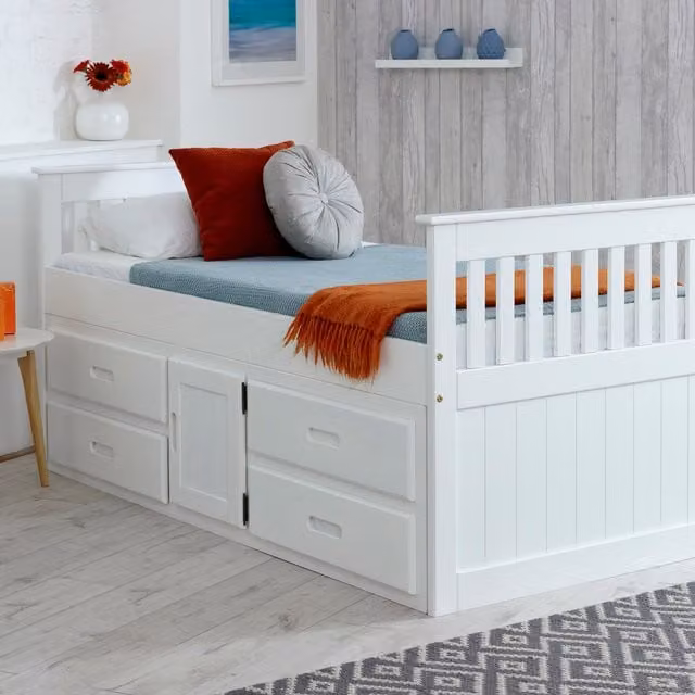 Captains TM Solid Pine Wooden Storage Bed Frame with Drawers, White, 90 x 190 cm
