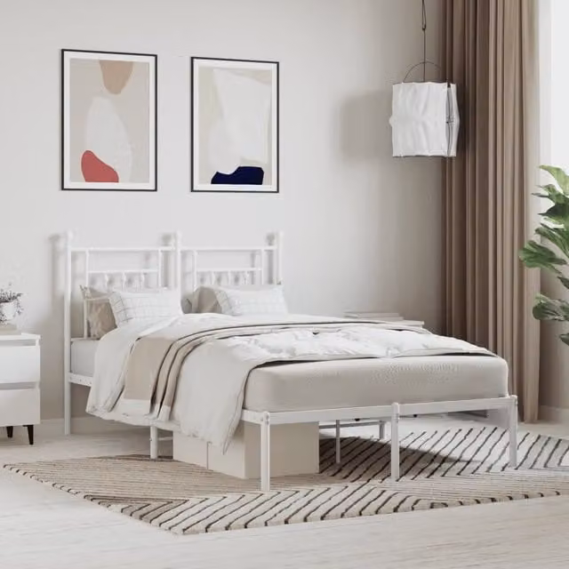 Berkfield Home Metal Bed Frame with Headboard in White, W/D/H: 120 x 200 cm