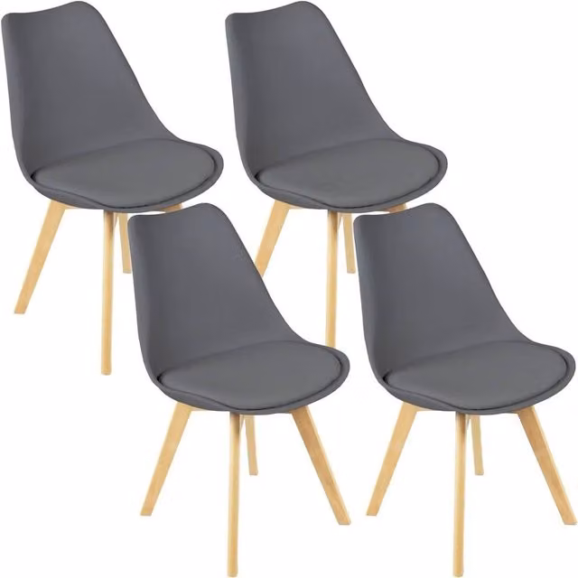 VOGREX Set of 4 Tulip Dining Chairs in Grey Fabric with Beech Wood Legs