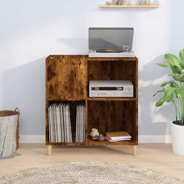 Berkfield Home Mid-Century Record Cabinet in Smoked Oak Brown, W: 84.5 cm, D: 38 cm, H: 89 cm – 1