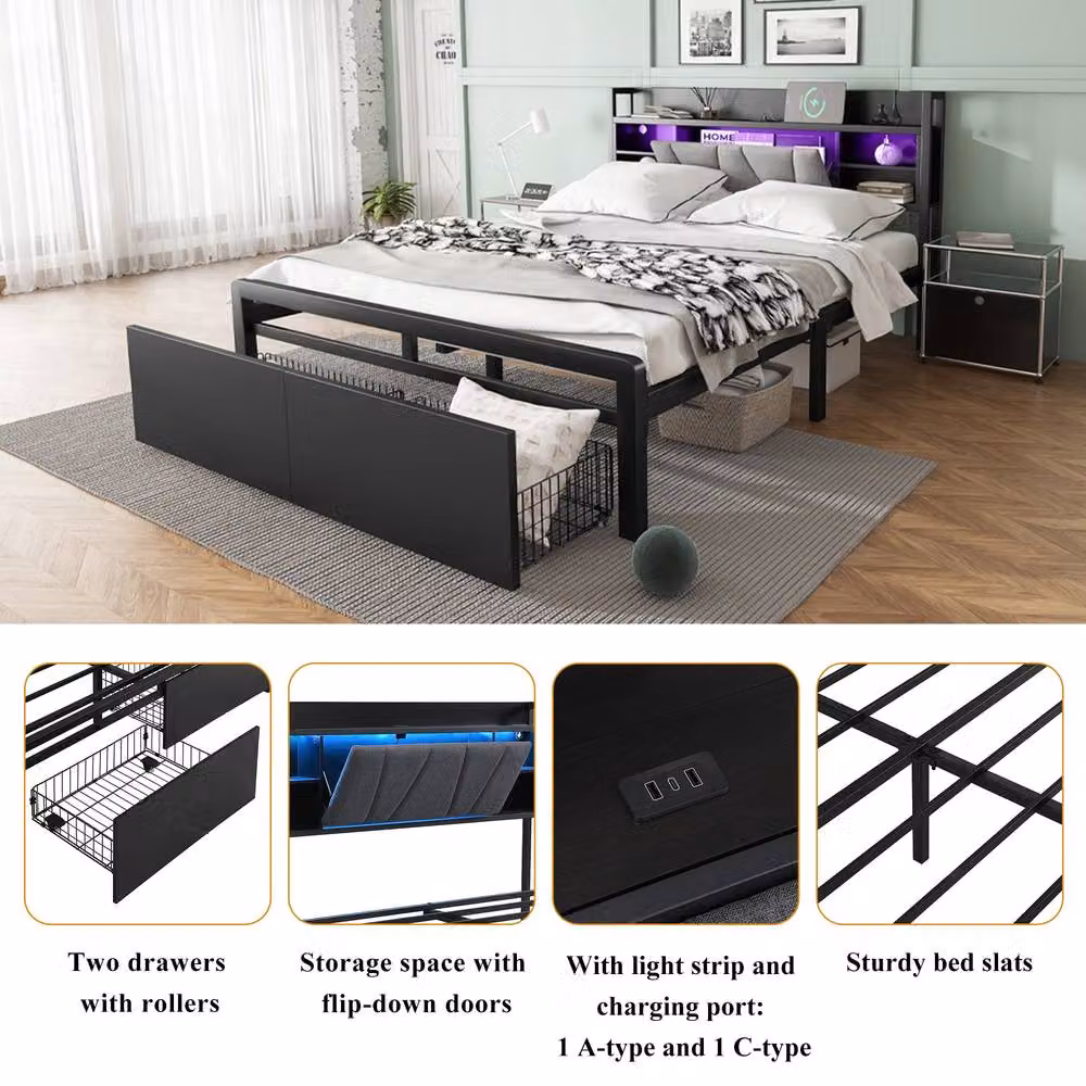 Rolipo Black 4ft6 Double Metal Bed with LED Under-Bed Lighting, Storage Drawers and USB Charging Ports – 3