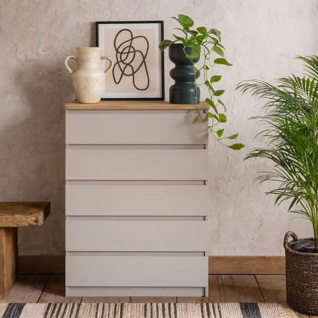 Wyld Haus Budapest 5 Drawer Chest in Cream and Natural Oak Effect