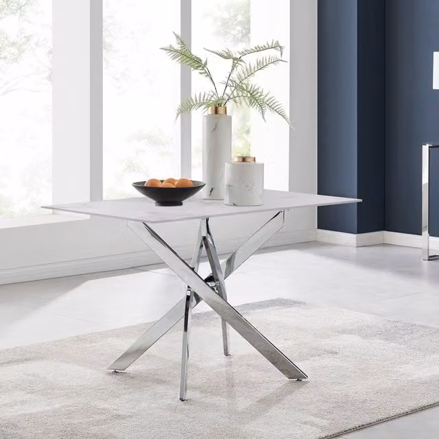 FurnitureboxUK Leonardo 4-Seater Dining Table with White Marble Effect Glass Top and Black X-Frame Metal Legs
