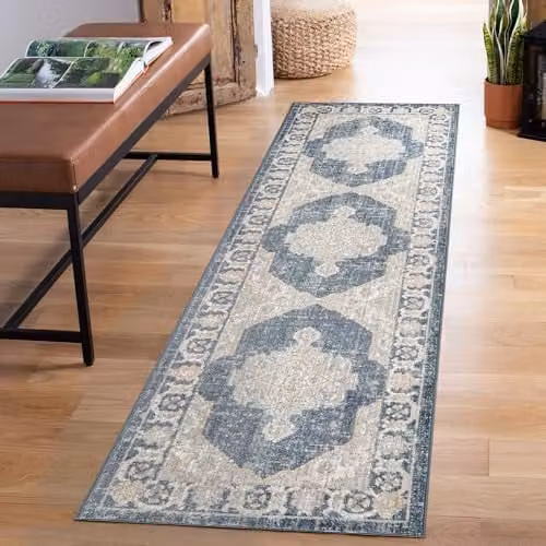 Desire Rugs Maia Blue Floral Non-Slip Washable Soft Runner Rug, W: 60 cm, L: 220 cm