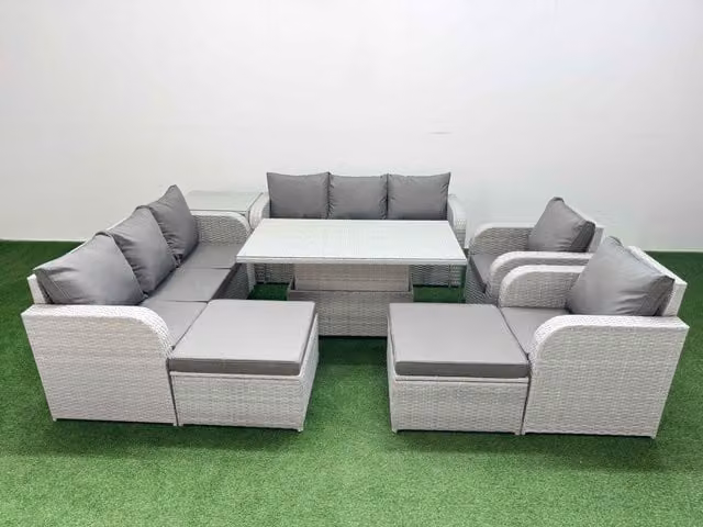 Fimous Grey PE Rattan High Back Lounge Sofa Set with 3 Seater Reclining Chair and Adjustable Lifting Table