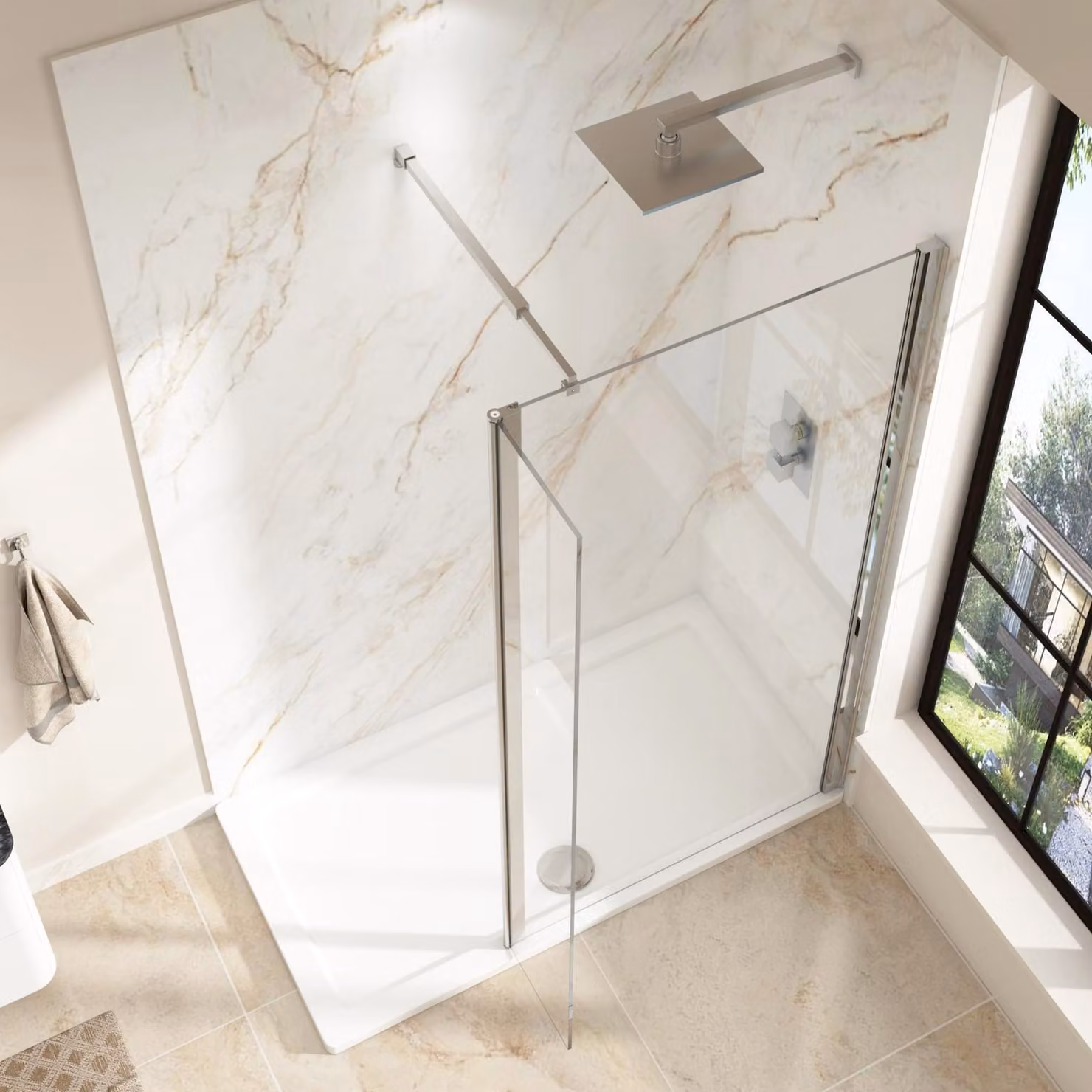 Royal Bathrooms Marbella 300mm Wet Room Flipper Panel Shower Screen, Clear 8mm Easy Clean Glass with Chrome Frame