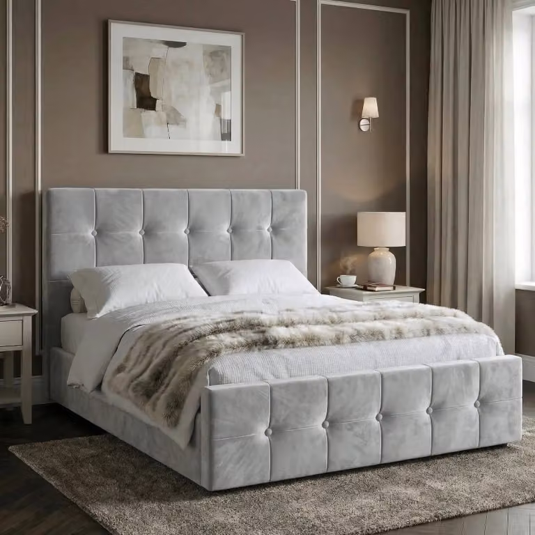 DHS Grey Velvet Square Ottoman Storage Bed Frame, Double (140 x 200 cm)