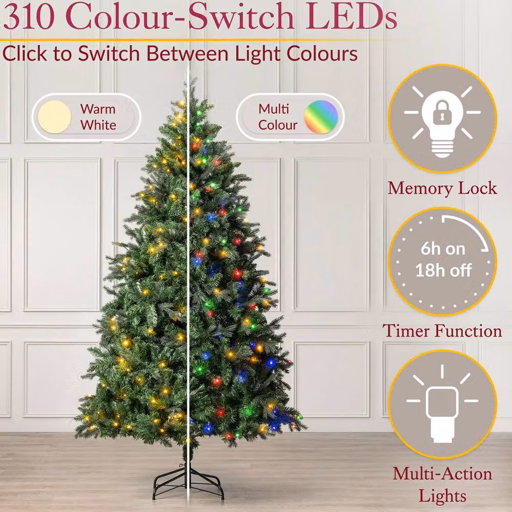 Christow Pre-Lit Fraser Fir Christmas Tree with RGB LED Colour Switch Timer in Green, Height: 5ft – 2