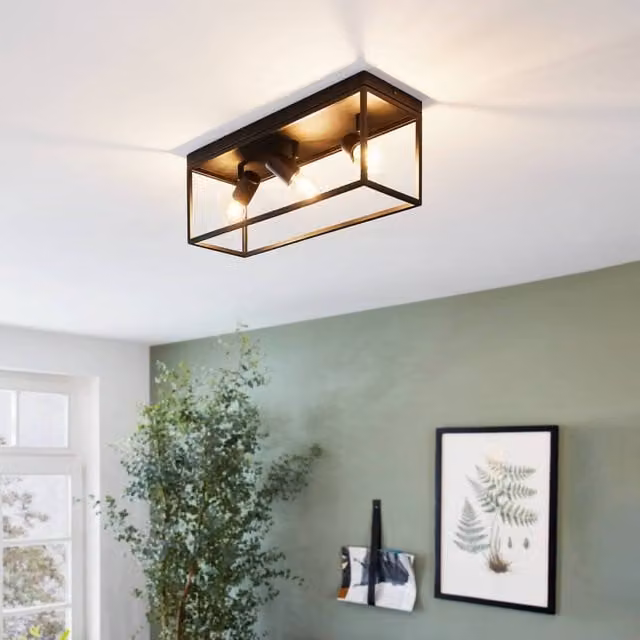 Eglo Silentina Industrial 3-Light Ceiling Light in Black Metal with Transparent Glass