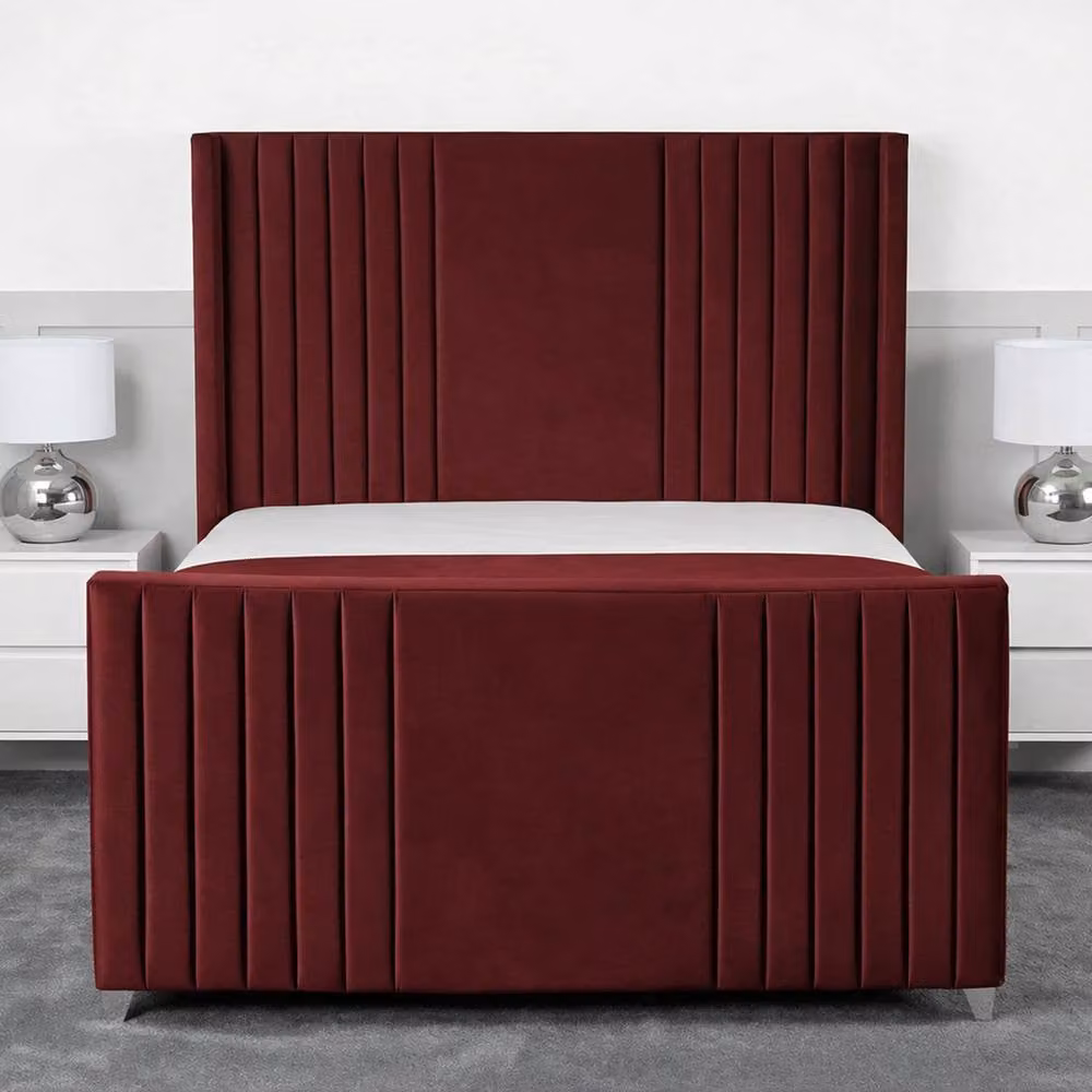 Living Comfort Bedz Emilia Plush Velvet Upholstered King Size Bed with Slatted Base and 48 Inch Headboard in Maroon