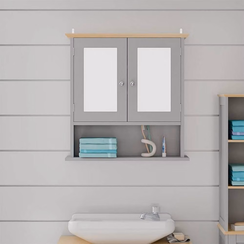 PAWNORA Grey Wall Mounted Bathroom Mirror Cabinet with Internal Shelves and Matt Finish – 2