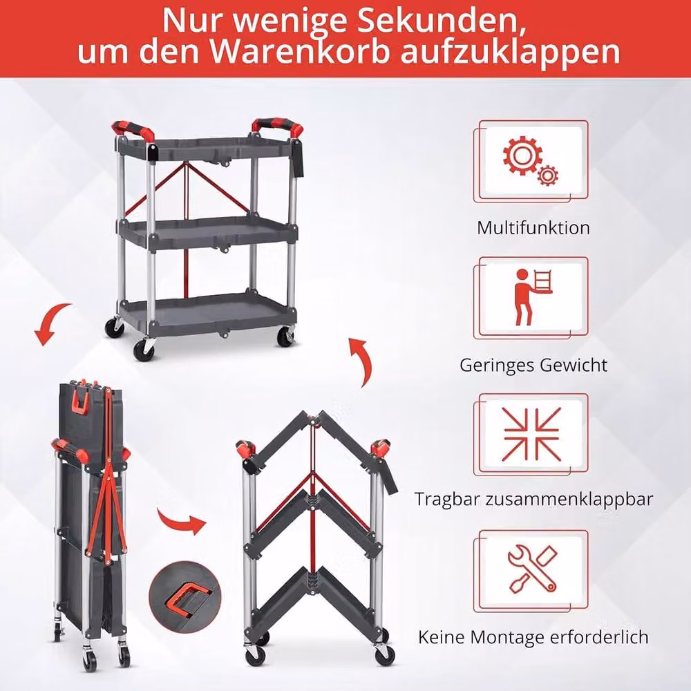 London Boutique 3-Tier Folding Utility Cart Collapsible Service Cart Rolling Trolley in Grey – 4