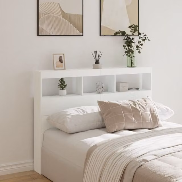 Berkfield Home Modern White Headboard Cabinet with Integrated LED Lighting and USB Charging Port, W/D/H: 140 x 17 x 102 cm