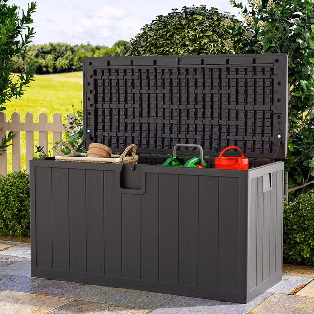 Livingandhome 105-Gallon Plastic Outdoor Garden Deck Storage Box in Black/Anthracite