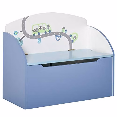 HOMCOM Kids Wooden Toy Box Storage Bench with Soft Close Lid in Blue, W/D/H: 50 x 30 x 30 cm – 1