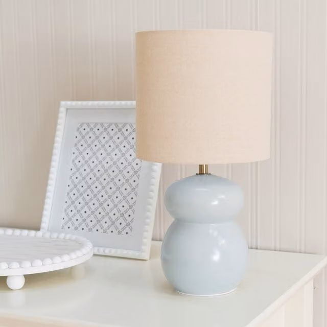 Kendal Blue Glazed Ceramic Table Lamp with Fabric Drum Shade