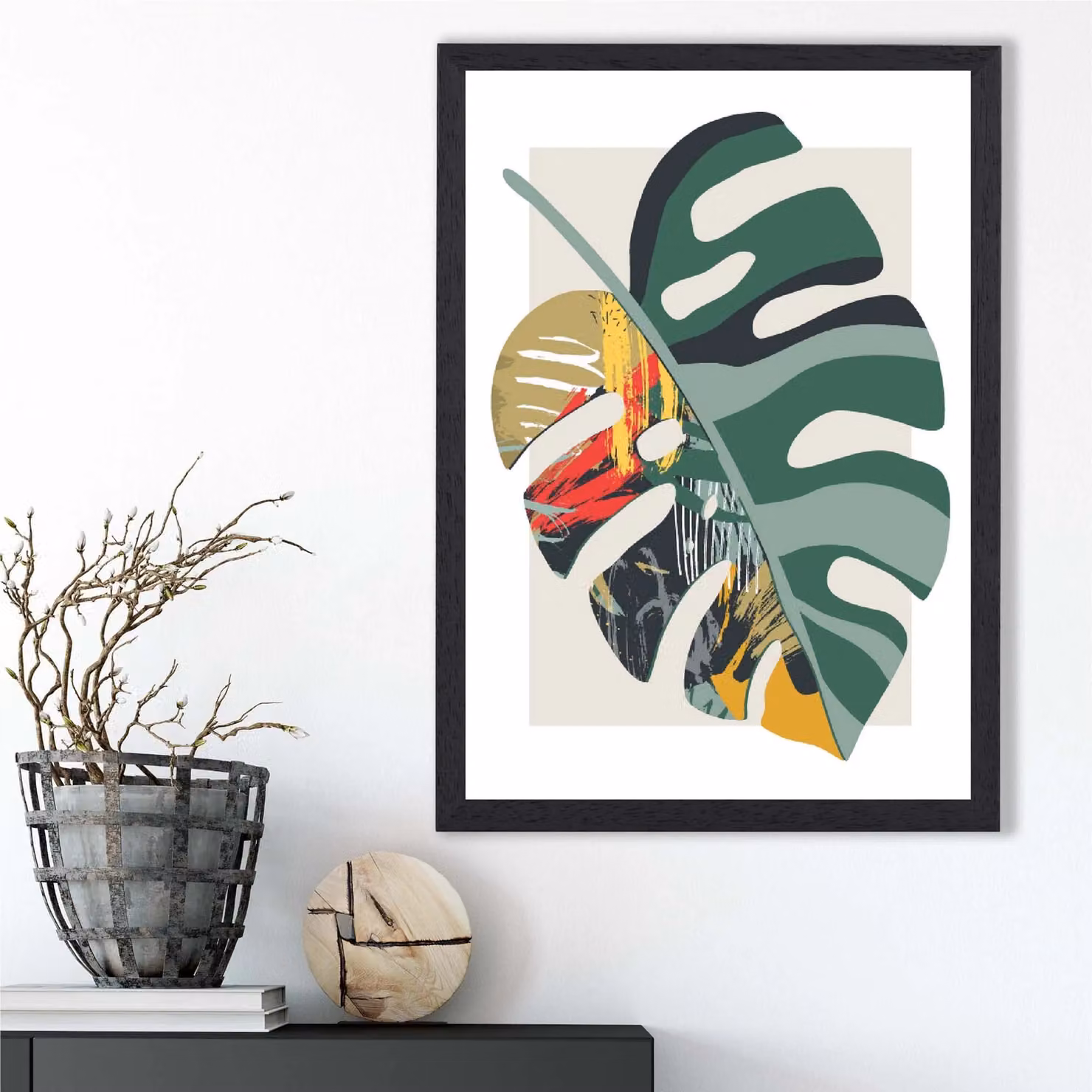 ARTZE Monstera Green and Red Minimalist Botanical Framed Print with Black Frame, A4 – 2