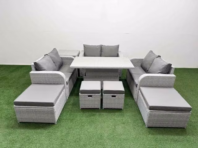 Fimous 9 Piece Rising Dining Table Set with Inclining Love Sofa Seat and Big Footstool in Light Grey