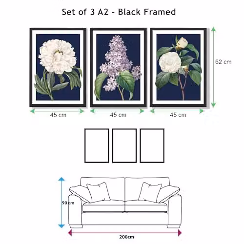 ARTZE Set of 3 Navy Blue Floral Wall Art Illustrations with Black Frames, W: 45 cm, H: 62 cm, D: 3 cm – 3