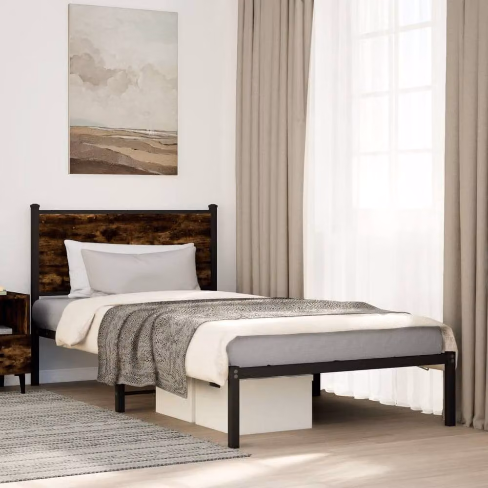 Berkfield Home Metal and Oak Bed Frame in Brown, W/D/H: 107 x 203 x 91.5 cm – 2